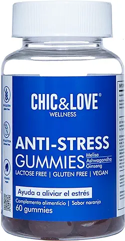 Gominolas Anti-Estrés para Mujer | Raíz de Ashwagandha, Extracto de Melisa y Extracto de Raíz de Ginseng | SIN Gluten, SIN Lactosa, apto para Veganos | Sabor Naranja (60 Gominolas)  