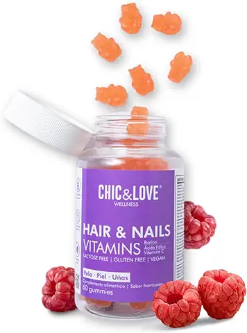 Gominolas para Cabello y Uñas para Mujer | Vitaminas A, D, E, C, B5, B6, B12, Biotina 5.000 mcg, Ácido Fólico Yodo | SIN Gluten, SIN Lactosa, apto para Veganos | Sabor Frambuesa (60 Gominolas 2 Meses)  