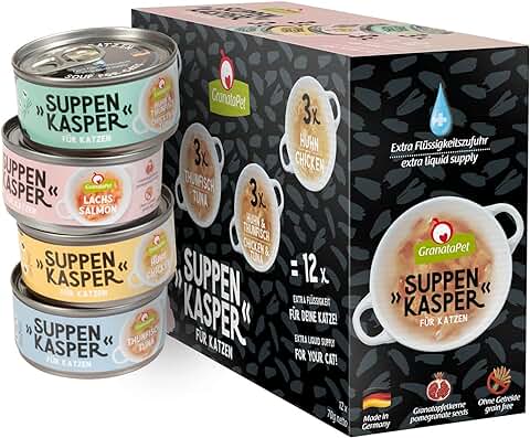 GranataPet Caja de Sopa para Gatos, Aperitivos para Gatos, Sopas Contra el Hambre, Golosinas para una Hidratación Adicional, Comida para Gatos sin Cereales y sin Azúcar Añadido, 12 x 70 g  