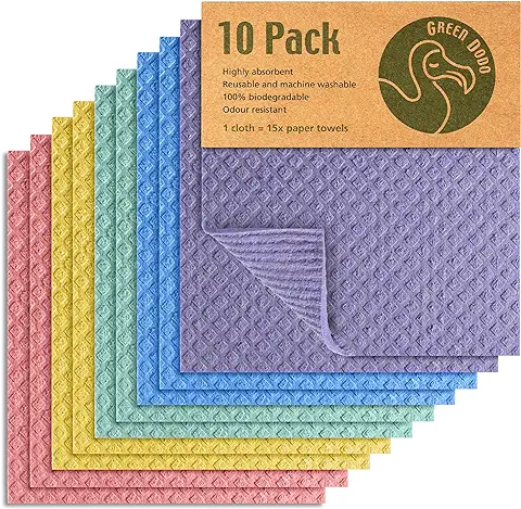 Green Dodo Bayeta Sueca 10 Unidades - Ecológica, Biodegradable y Sostenible - Paño de Cocina Absorbente y Sin Olor - Alternativa Reutilizable a los Paños de Papel de Cocina  