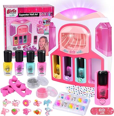 Herenear Set Manicura Niñas, Kit de Esmalte de Uñas a Base de Agua con 2 In 1 Secador de Uñas, Pintauñas, DIY Polvere Glitter, Anelli, Set Salón Manicura De Niñas Festa Regalo para Niñas 3-12  