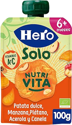 Hero Solo Bolsita Ecológicas de Patata Dulce, Manzana, Plátano, Acerola y Canela con alto Contenido Natural de Vitamina A y C, 100gr  