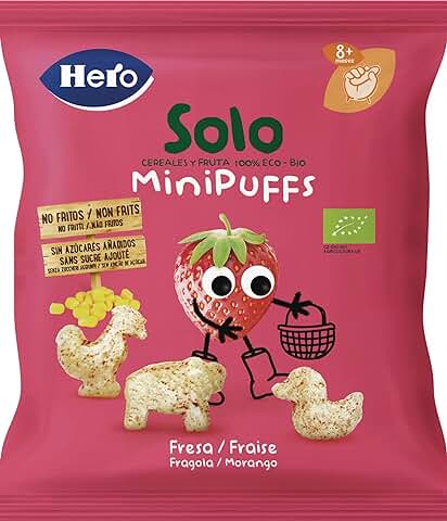 Hero Solo Minipuff Snack de Fresa con Ingredientes 100% Ecológicos, sin sal Añadidam sin Aditivos y no Fritos- 18gr  