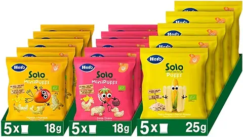 Hero Solo Snacks Infantiles Ecológicos, con Ingredientes Naturales, Sanos y Saludables - 5 Snacks de Fresitas, 5 Snacks de Mango y 5 Snacks de Maíz y Avena - Total 15 Bolsitas  
