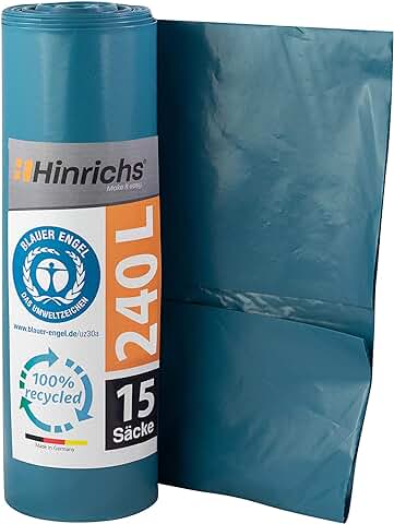Hinrichs 15 x Bolsas Basura 240 Litros Azul - Extremadamente Resistente al Desgarro - Rollo de 15 Bolsa Basura – Bolsa de Basura - LDPE – Bolsa Basura Grandes - Ideal para el Hogar o el Jardín  