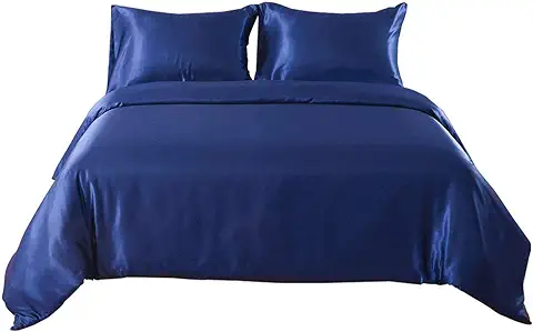 Hotniu Juego de Ropa de Cama Satinado, Juego de Funda de Satin para edredón, Juego de Sábanas Conjunto, Kit de Cama de Edredón Satén (King, Azul Marino)