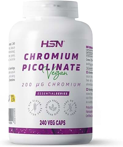 HSN Picolinato de Cromo 200 mcg | 240 Cápsulas Vegetales | 200 µg de Cromo - Mineral Elemental - por cada Cápsula – ALTA Dosificación | No-GMO, Vegano, Sin Gluten ni Lactosa  