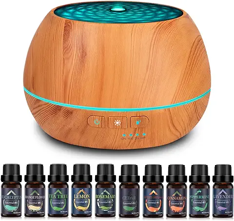 Humidificador Aceites Esenciales Difusor de Aromas: 500ML Difusor de Aromaterapia con 10 x 10ml Aceites Esenciales Silencioso Difusor Ultrasónico con 7 Colores de Luces LED para Hogar Yoga  