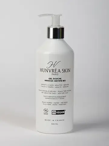 Hunvrea-Skin, gel de Ducha Certificado Ecológico y Vegano, Aroma a Hibisco, Pieles Sensibles, Secas a muy Secas, con Manteca de Karité Ecológica y Aceite de Almendras Dulces - 500 ml  