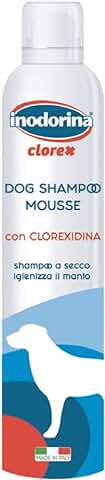 Inodorina Champú para Perros en Seco de Clorhexidina 300ml. Champú en Seco Clorex para Mascotas y Cachorros Espumoso sin Sulfatos, Silicona, ni Parabenos para la Piel Sensible y Pelaje, Azul  
