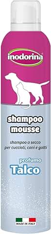 INODORINA Champú para Perros en Seco de Talco 300ml. Champú en Seco para Gatos y Cachorros Espumoso sin Sulfatos, Silicona, ni Parabenos para la Piel y Pelaje
