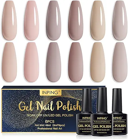 INPING Esmaltes Semipermanentes de Uñas en Ge, Marrón Desnudo Pintauñas Gel, Luz Natural Gris Marrón Desnudo Kit de Esmaltes de Uñas Gel UV LED para Principiantes Franceses Manicura Kit  