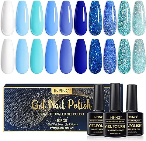 INPING Esmaltes Semipermanentes de Uñas en Gel, 10 Color Primavera Verano Azul Serie Pintauñas Gel, Azul Marino Tibetano Azul Verde Cielo Brillante UV Esmalte Semipermanente para Manicura Francesa  