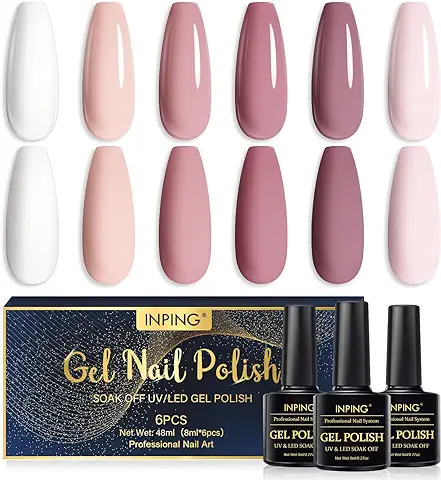 INPING Esmaltes Semipermanentes Rosa, 6 Color Bebés Rosa Desnudo La Novia Pintauñas Gel, Rosa Claro Piel Natural Blanco Duradero Esmaltes Semipermanentes de Uña UV LED para Mujeres Manicura Kit  