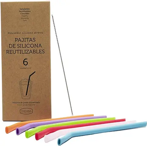 Irisana - Pajitas Reutilizables - Pack de 6 - Multicolor - Silicona sin BPA - Incluye Cepillo Limpiador - Aptas para Lavavajillas - Suaves y Flexibles  