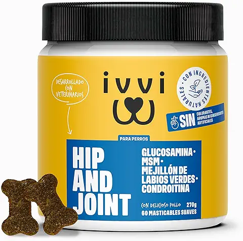 Ivvi - Hip and Joint - Articulaciones, Antiartrosis - Complemento Alimenticio para Perros, Altamente Concentrado - MSM, Mejillón de Labio Verde, Glucosamina - 60 Golosinas de Pollo, 270g  