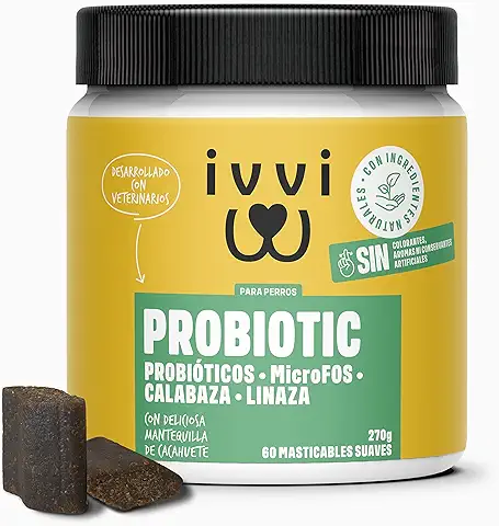 Ivvi - Probiotic- Complemento Alimenticio para Perros Bienestar Digestivo – Probióticos, Calabaza, Avena, Semillas de Lino y Calabaza - 60 Deliciosas Golosinas Vegetarianas, 270g  