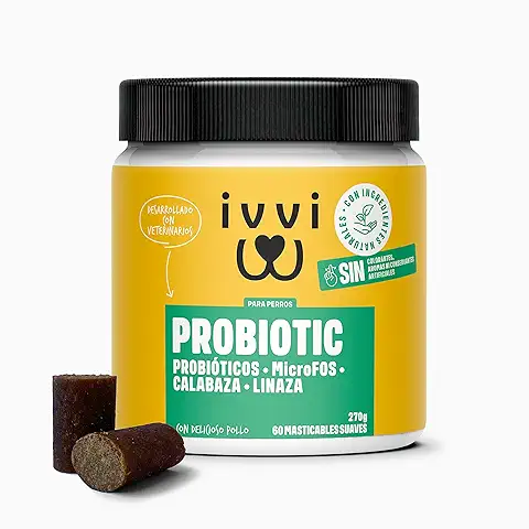 Ivvi - Probiotic- Complemento Alimenticio para Perros Bienestar Digestivo – Probióticos, Calabaza, Avena, Semillas de Lino y Calabaza - 60 Deliciosas Golosinas con Pollo, 270g  