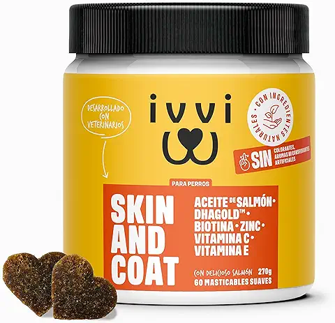 Ivvi - Skin & Coat - Complemento Alimenticio para Perros, Anti-Picaduras, Pelaje Suave y Brillante - Omega 3, Aceite de Salmón, DHAgold, Vitaminas C, E y Zinc - 60 Golosinas de Salmón  