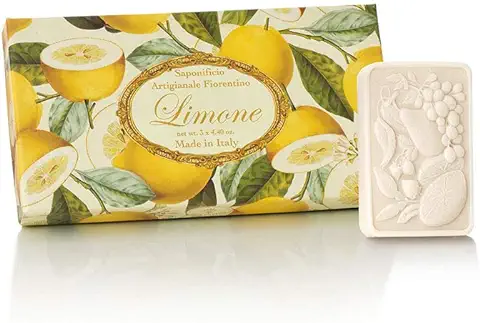 Jabón de Limón, pack Regalo 3 Pastillas de 125 g, Jabón Italiano Hecho a mano de Fiorentino, con Relieve Decorativo  