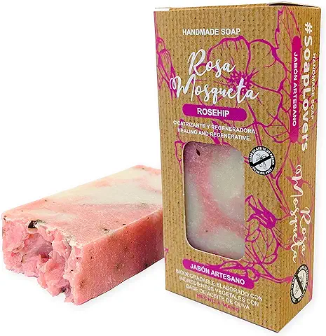 Jabón de Manos, Natural de Rosa Mosqueta, para Cuerpo, y Cara, Cicatrizante y Regenerador, Pastilla Sólida Ecológica y Artesanal, Vegano y Sin Aceite de Palma (100 g)  