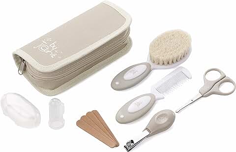 Jané Set de Higiene Basic con Neceser, Peine, Cepillo Cerdas Naturales, Tijeras, Cortauñas, Limas y Cepillo Dental Silicona  