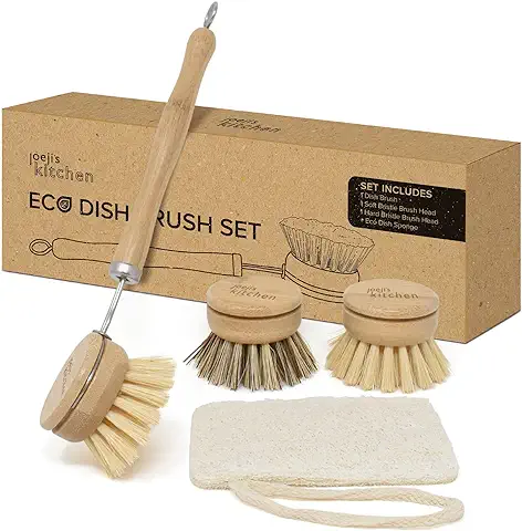 Juego de Cepillo Madera de Bambú Ecológico, Estropajo Ecologico Económico con Cabezales Intercambiables, Cepillo Limpieza para Tazas, Platos o Cubiertos y para Eliminar Las Manchas Difíciles.  