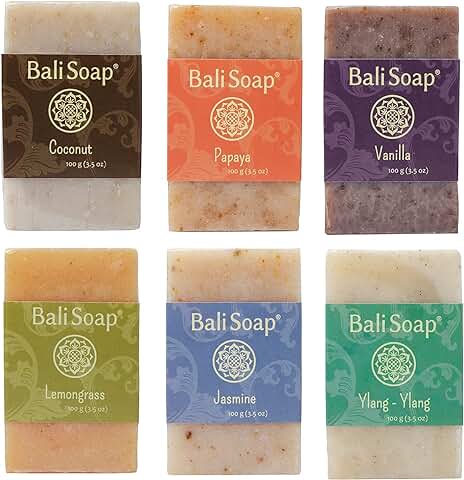 Juego de Regalo de Barra de Jabón Natural Bali Soap – Paquete de 6 Jabones Surtidos (coco, Papaya, Vainilla, Hierba de Limón, Jazmín, Ylang-ylang) 3.5 oz cada uno  