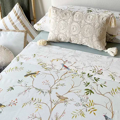 Juego de Sábanas Estampadas Pájaros | 3 o 4 Piezas | Funda de Almohada, Bajera Ajustable y Sábana Encimera | Cama 180 Cama 150 Cama 135 Cama 90 | Sábanas de Algodón 100% Sostenible (Cama 90)  