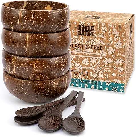 Jungle Culture® Cuencos y Cucharas de Coco - Juego de 4 Cuencos de Madera con Pajita de Bambú y Bolsa - Cuencos para Servir Ensaladas - Batidos de Acai Pasta Cereal - Regalo Vegano y Ecológico  