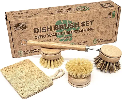Jungle Culture® Set de 4 Cepillos para Lavar Platos Naturales • Eco Set de Cepillos y Esponja Limpiadora para Sartenes • Base de Plantas • Cepillos de Madera para Platos con 3 Cabezas de Repuesto  