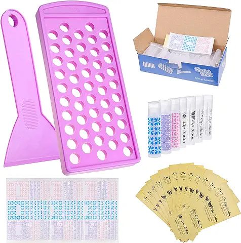 Kit de Elaboración de Bálsamo Labial - Bandeja de Fácil Llenado y Espátula para Bálsamo Labial - 50 Tubos para Bálsamo Labial Vacíos con Tapones - 5,5ml - 50 Adhesivos Escribibles y 50 Impresos  