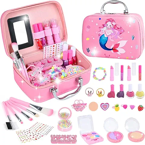 Kit de Maquillaje para Niñas, Set de Maquillaje Lavable, Conjunto de Maquillaje de Juego de Princesa con Bolsa de Cosméticos, Regalo Ideal de Cumpleaños y Navidad de para Niñas 3 4 5 6 7 8 9 y 10 Años  