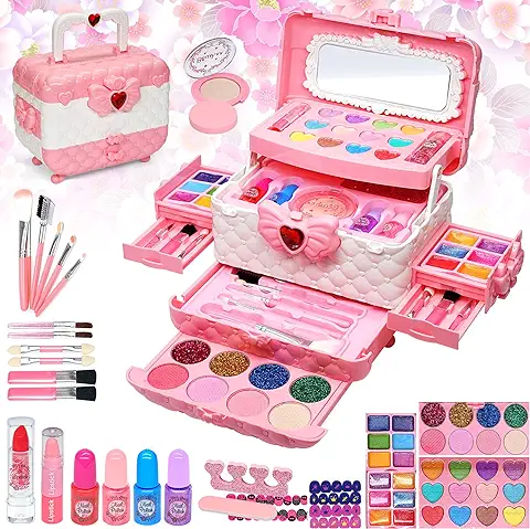 Kit de Maquillaje para Niño - 57 PCS Lavable de Maquillaje para Niñas,Juego de Maquillaje y No Tóxico,Regalo de Princesa para Niñas,Cumpleaños para Niñas Mayores de 4 5 6 7 8+ Años (Rosa)  