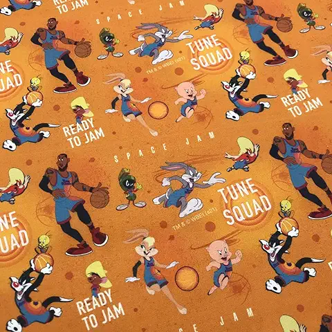 Kt KILOtela - Tela de Patchwork - Estampación Digital - 100% Algodón - Retal de 50 cm Largo x 140 cm Ancho | Space Jam Ready - Naranja ─ 0,50 Metro  