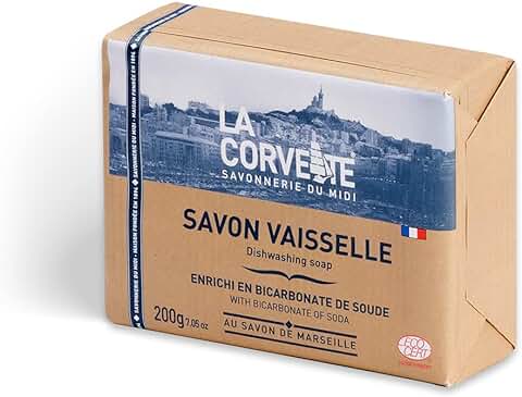 La Corvette Jabón Sólido para Vajilla a base de Jabón de Marsella Aceite de Oliva Enriquecido con Bicarbonato Sódico ECOCERT 200g  