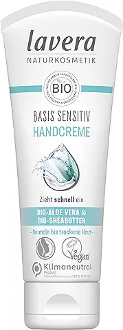 Lavera Base Sensitiv Crema de Manos con aloe vera Orgánico y Manteca de Karité Orgánica, Absorbe Rápidamente, Hidratación Duradera, Cuidado Intensivo, Cosmética Natural, Vegana, Orgánica (1 x 75 ml)  