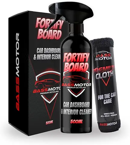 Limpiador Salpicaderos e Interiores de Coche Limpiador Plasticos Interior Especial Anti Polvo Efecto Satinado Sin Brillo Incluida Plásticos Interior Aroma a Coche Nuevo BassMotor - Fortify Board 500ml
