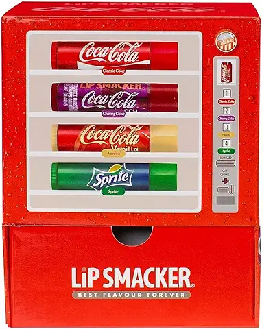 Lip Smacker Colección Coca-Cola, Bálsamos Labiales Sabor Coca-Cola, Coca-Cola Cereza, Coca-Cola Vainilla y Sprite, Surtido de Bálsamos Labiales Coca-Cola, Set de Regalo en una Máquina Expendedora  