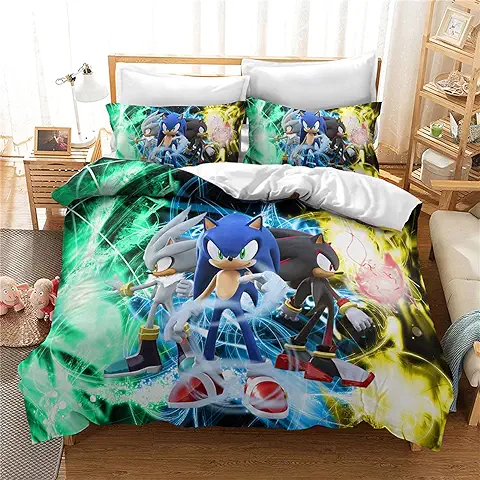 LKFFHAVD Sonic 19 Juego de ropa de cama con Diseño de Anime Sonic, Dibujos Animados Sonic para Niños, Funda de Edredón de Microfibra con Impresión 3D, con Funda de Almohada (135 x 200 cm)  