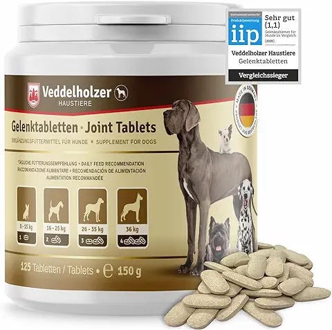Los Comprimidos Condroprotector Perros para Articulaciones Veddelholzer con MSM, Harpagófito Glucosamina Colágeno para Fortalecer los Huesos, Fabricadas en Alemania, 125 Cápsulas con Hialurón y Omega3  