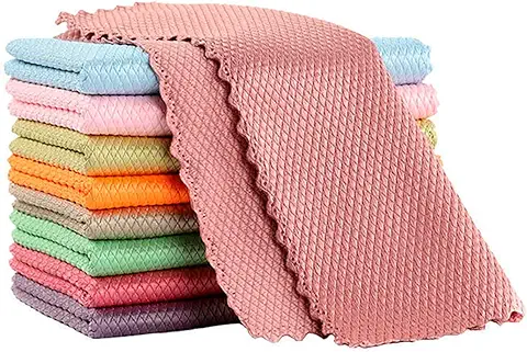 Lote de Paños de Microfibra para Paños de Limpieza, 10 Paños Limpios, Escamas de Pescado, 25 x 25 cm, Toalla Reutilizable, Ecológica para la Limpieza de Cristales de Coche de Cocina  