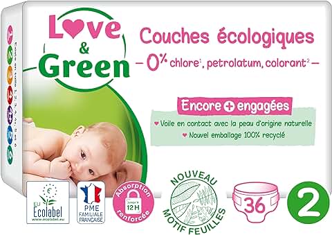 Love & Green - Pañales para Bebés Saludables y Ecológicos - Talla 2 (3-6 kg) - 36 Pañales - Absorbiente, Antifugas y sin Ingredientes no Deseados  