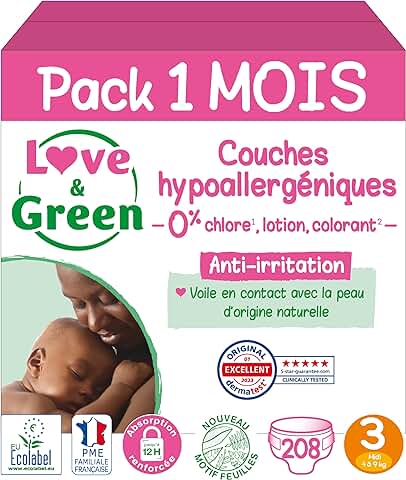 Love & Green - Pañales Saludables y Ecológicos para Bebés - Talla 3 (4-9 kg) - Pack de 1 Mes (208 Pañales) - Absorbentes, Anti-fugas y sin Ingredientes Indeseables  