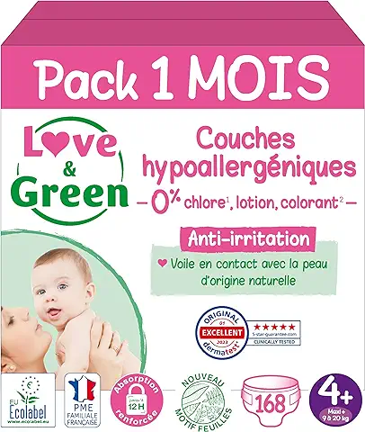 Love & Green - Pañales Saludables y Ecológicos para Bebés - Talla 4+ (9-20 kg) - Pack de 1 Mes (168 Pañales) - Absorbentes, Anti-fugas y sin Ingredientes Indeseables  