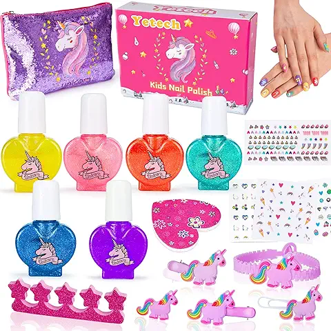 Lubibi Juego de Esmalte de Uñas para Niñas,18 Piezas de Juguete de Maquillaje Cosméticos Lavables,no Tóxico,con Pegatinas de Uñas,Horquilla de Unicornio,Regalo de Princesa para Niñas de 4-8  