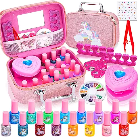 Lubibi Kit Pintauñas para Niñas,Kits de Esmalte de Uñas,Maquillaje Infantil para Arte de Las Uñas con Purpurina y Secador, Juegos de Salón de Manicura,Manicura Kit Pintauñas ,Regalo para Niñas 4-10  