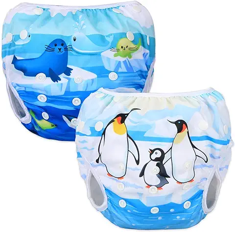 Luxja Pañal de Natación para Bebes Bañador Reutilizable de Nadar de Bebé Pañal Lavable para Bebé (0-3 Años), Pingüino + Animales del Mar  