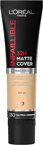 L'Oréal Paris - Base de Maquillaje Líquido Mate, Resistente al agua - De de alta Cobertura y Larga Duración - Ligera y Matificante - SPF 25 - Infaillible 32H Matte Cover - Tono: 130 Neutro - 30 ml  