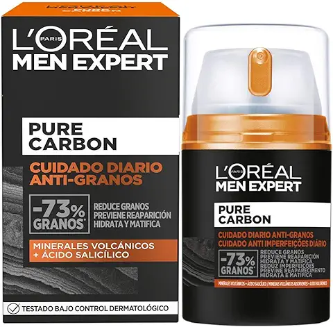 L'Oréal Paris Men Expert Crema Cuidado Diario Anti-Granos Pure Carbon, Reduce Imperfecciones, Hidrata y Matifica el Rostro, Con Minerales Volcánicos y Ácido Salicílico, 50 ml  